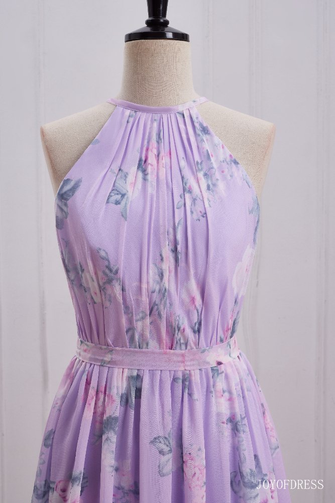 Light_Purple_Floral_Print_Halter_Long_Bridesmaid_Dress_front_side_close_up_shot