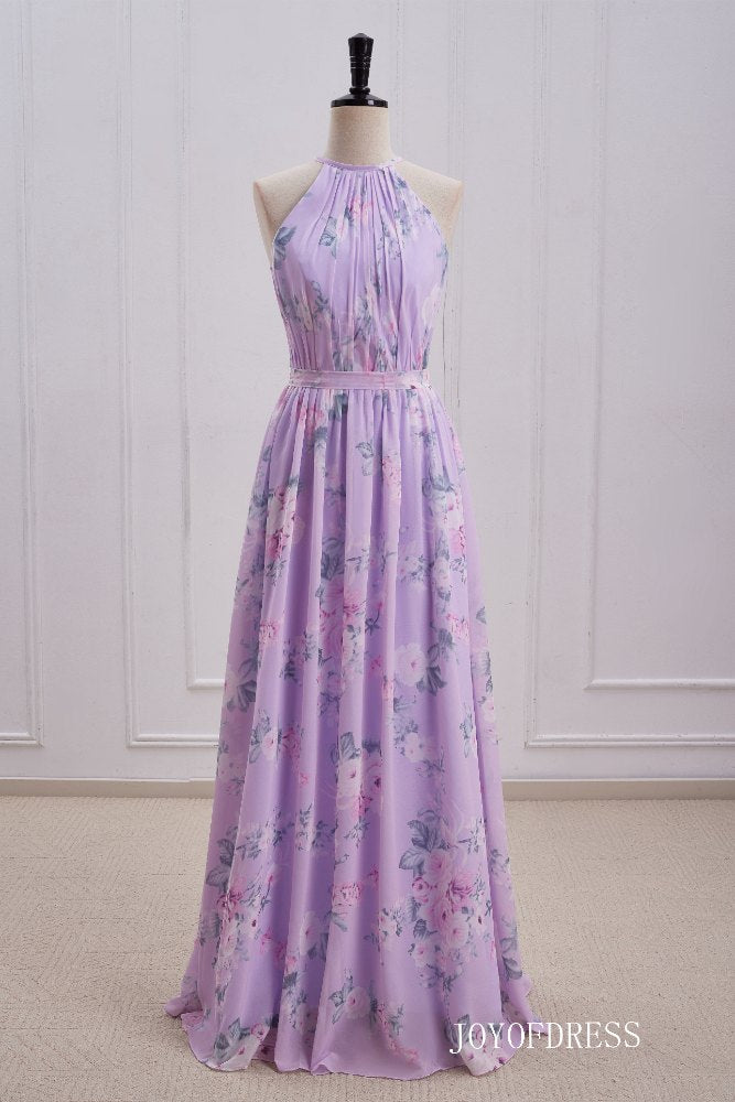Light Purple Floral Print Halter Long Bridesmaid Dress Light Purple / US 12 Light Purple Floral Print Halter Long Bridesmaid Dress Light Purple / US 12