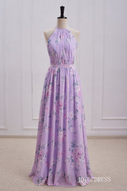 Light Purple Floral Print  Halter Long Bridesmaid Dress front side purple color