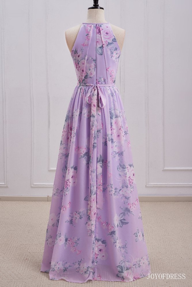 Light Purple Floral Print  Halter Long Bridesmaid Dress full shot front side
