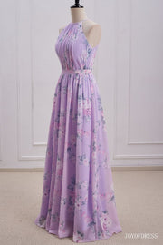 Light Purple Floral Print  Halter Long Bridesmaid Dress left facing full shot
