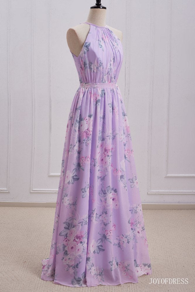 Light Purple Floral Print Halter Long Bridesmaid Dress Light Purple / US 12 Light Purple Floral Print Halter Long Bridesmaid Dress Light Purple / US 12