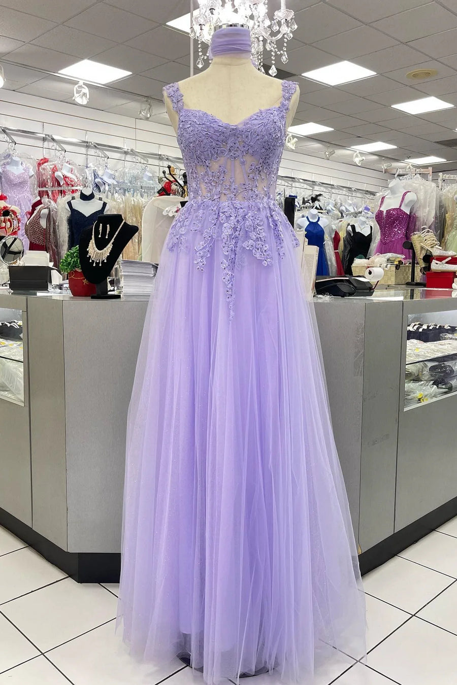 Lilac A-Line Sleeveless Appliques Party Prom Dress