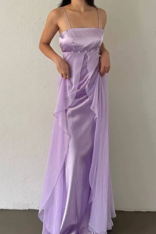 Lilac A-Line Spaghetti Straps Satin And Chiffon Party Prom Dress