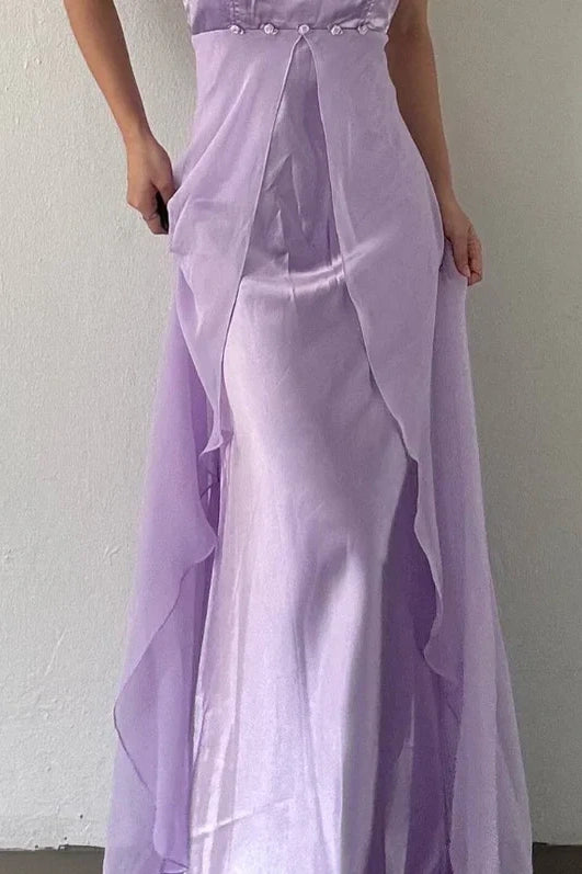 Lilac A-Line Spaghetti Straps Satin And Chiffon Party Prom Dress