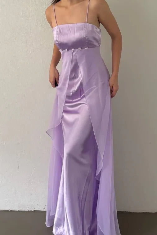 Lilac A-Line Spaghetti Straps Satin And Chiffon Party Prom Dress