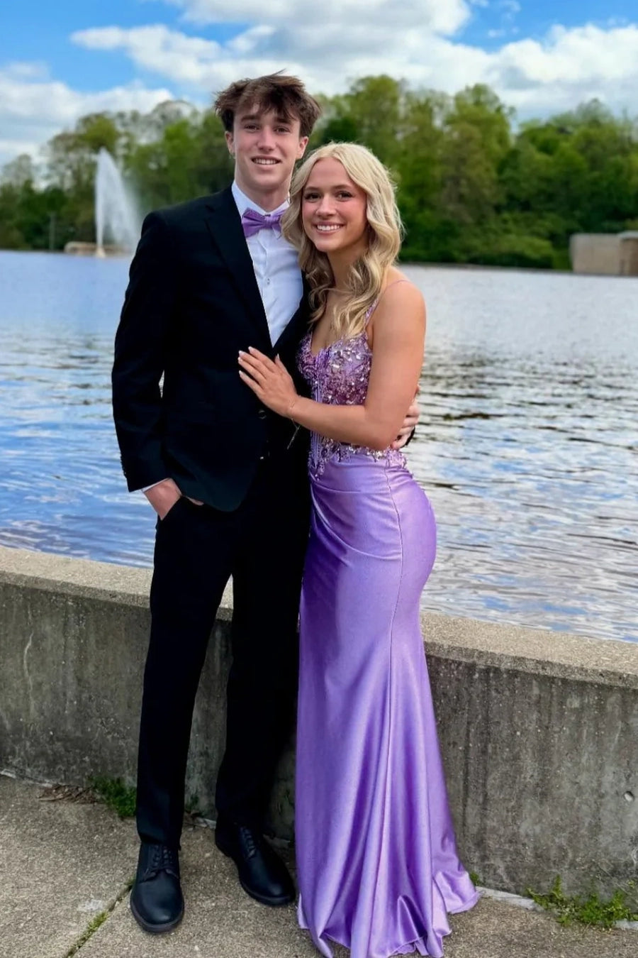 Lilac Fitted Empire Sweetheart Lace And Satin Party Prom Dress