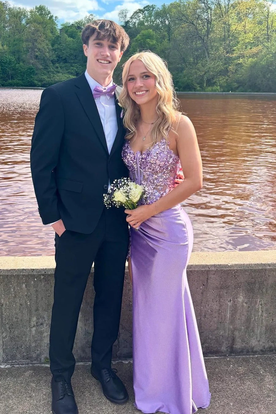 Lilac Fitted Empire Sweetheart Lace And Satin Party Prom Dress