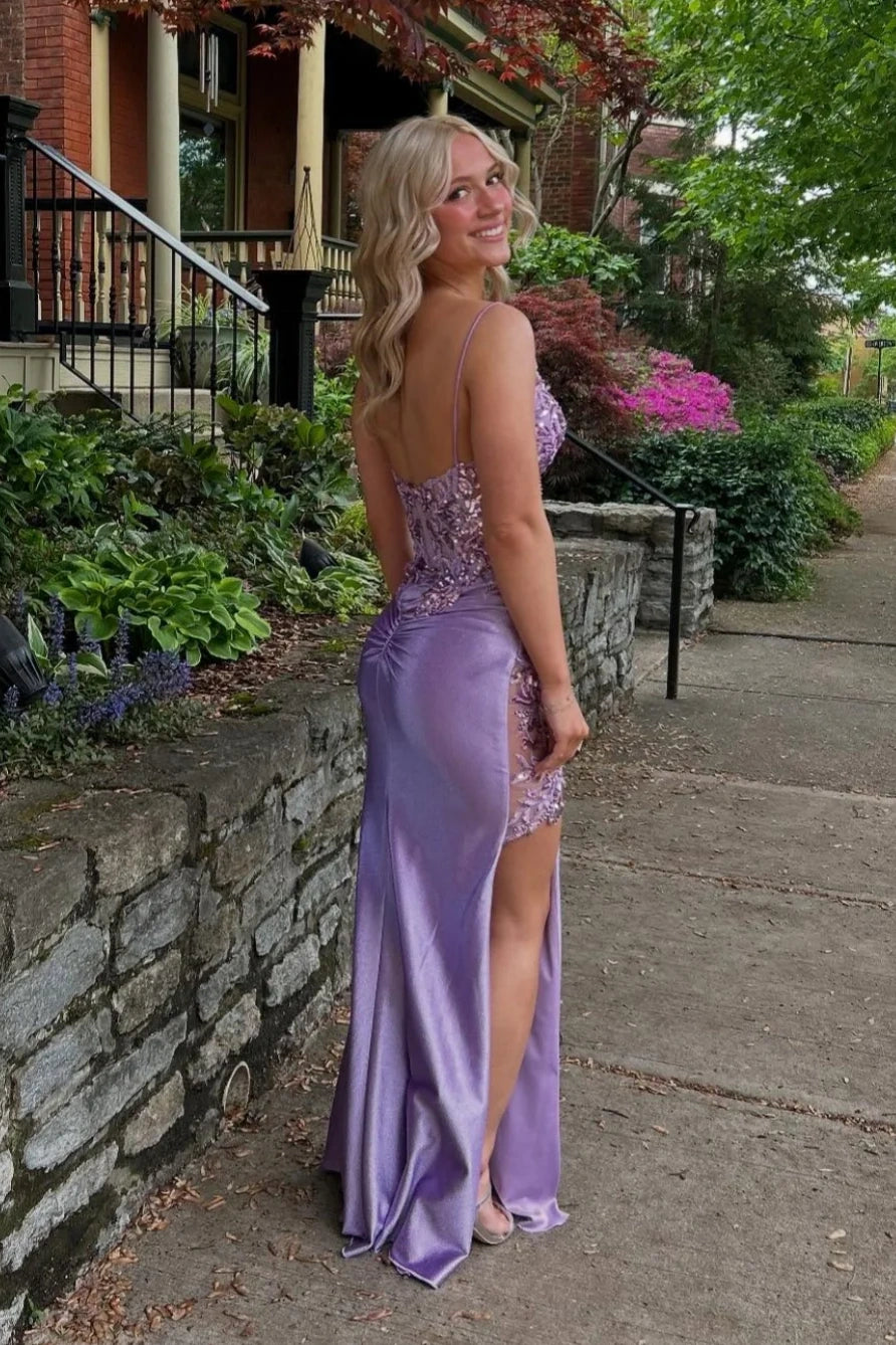 Lilac Fitted Empire Sweetheart Lace And Satin Party Prom Dress