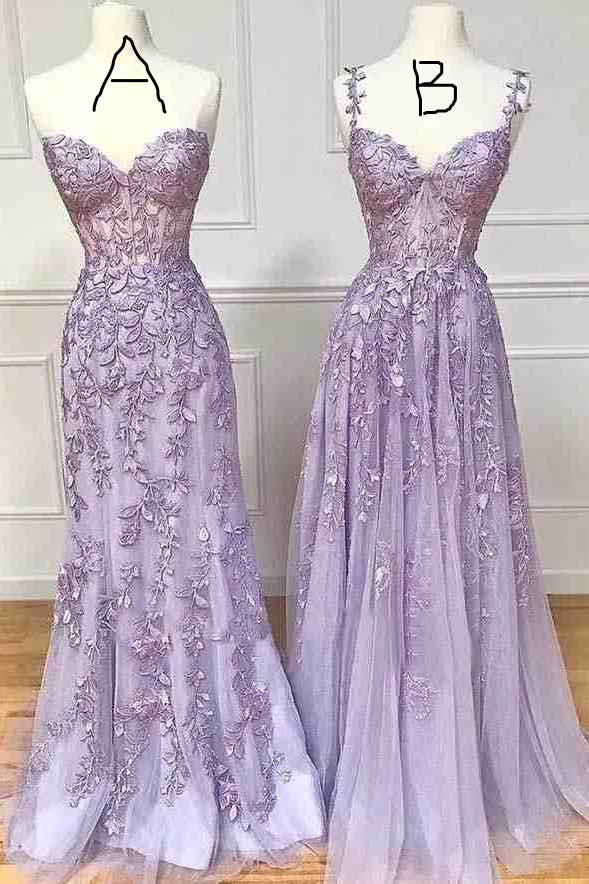 Lilac Lace Appliques Sweetheart Sleeveless Formal Prom Dress