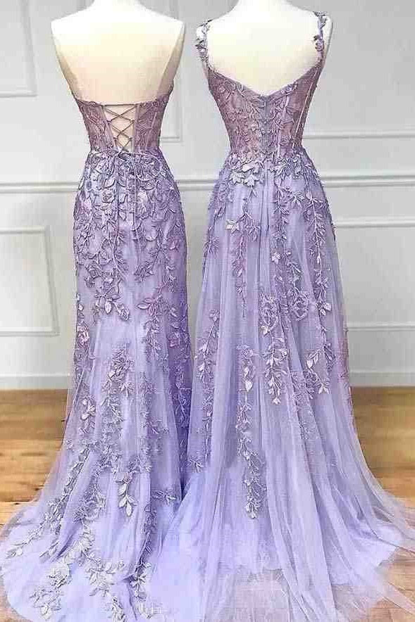 Lilac Lace Appliques Sweetheart Sleeveless Formal Prom Dress