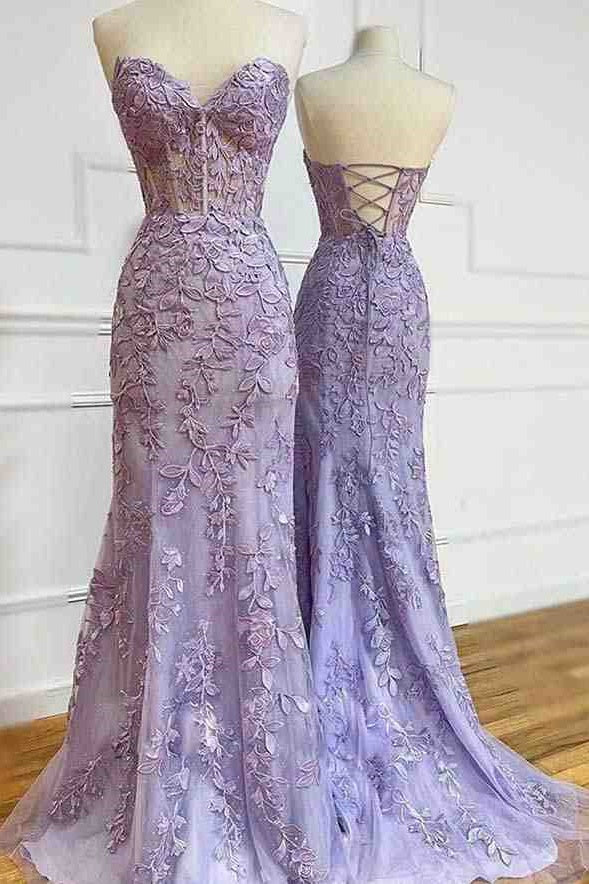 Lilac Lace Appliques Sweetheart Sleeveless Formal Prom Dress