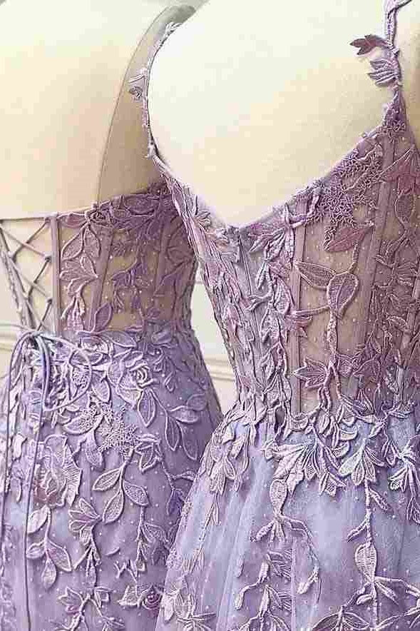 Lilac Lace Appliques Sweetheart Sleeveless Formal Prom Dress