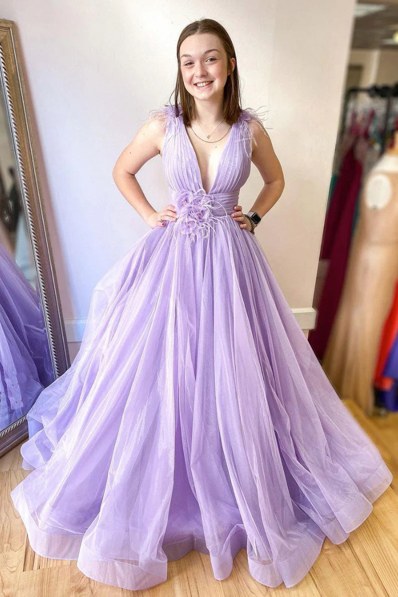 Lilac Low V-Neck Tulle A-Line Party Prom Dress