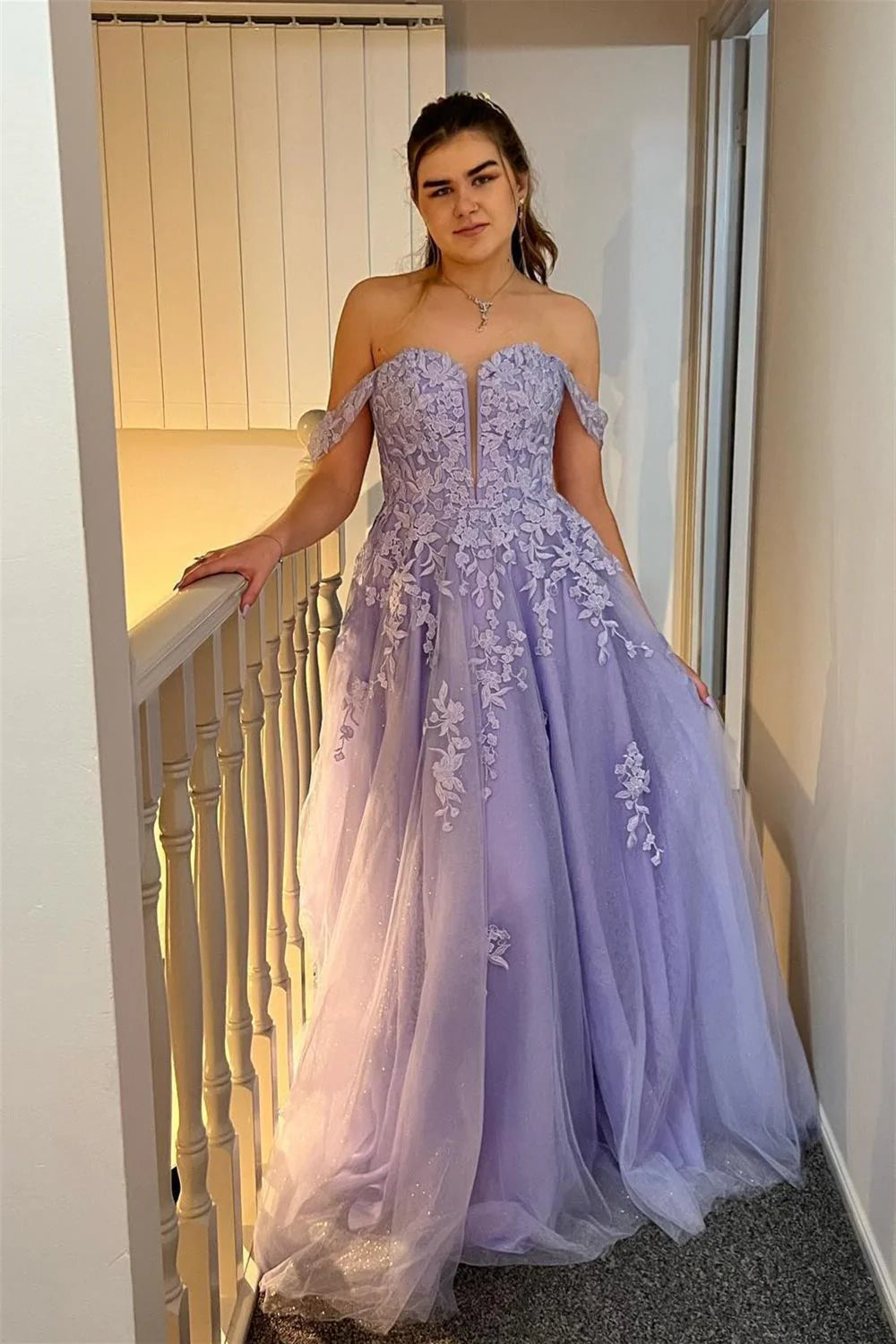 Lilac Off-Shoulder A-Line Appliques Party Prom Dress