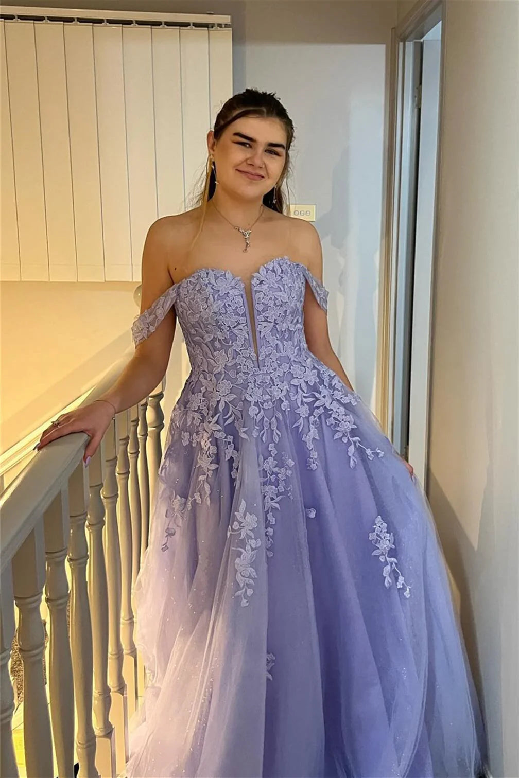 Lilac Off-Shoulder A-Line Appliques Party Prom Dress