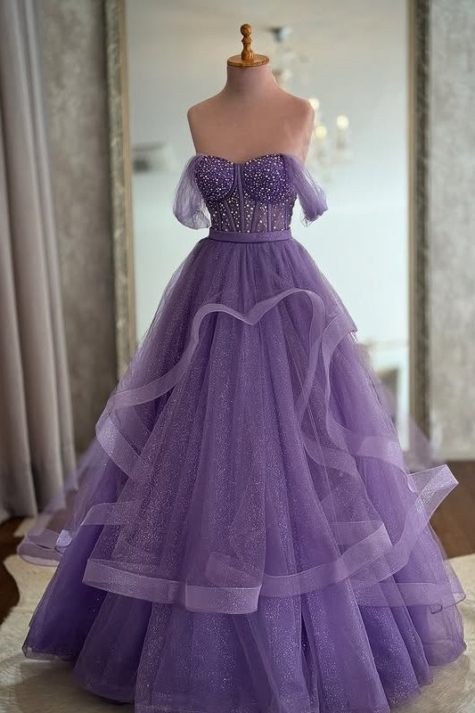 Lilac Off-Shoulder Tulle A-Line Tiered Sparkly Prom Party Dress
