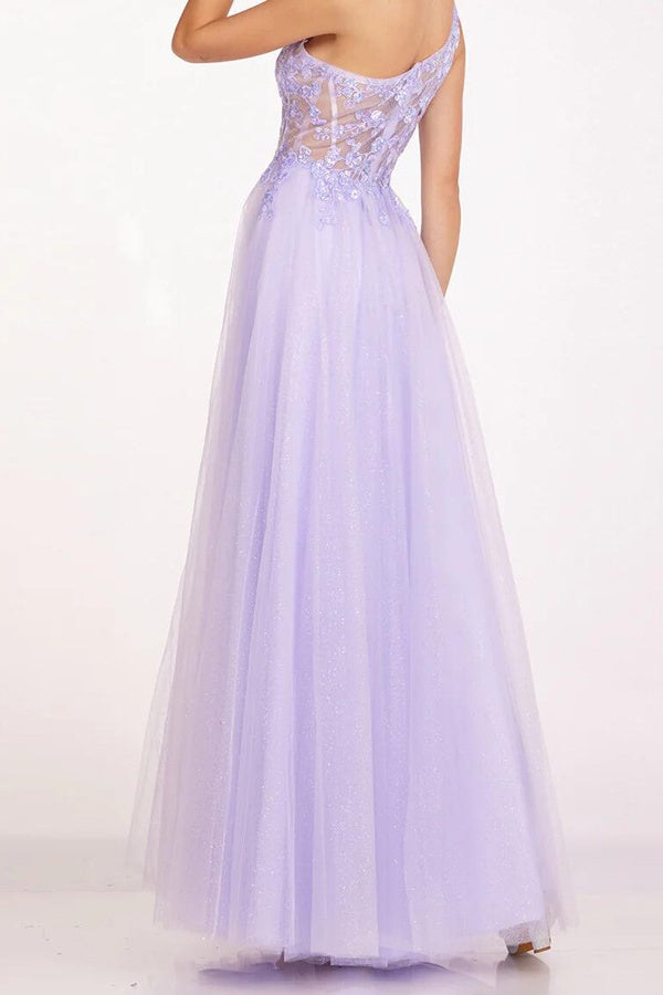 Lilac One Shoulder Sheer Empire Tulle A-Line Prom Party Dress