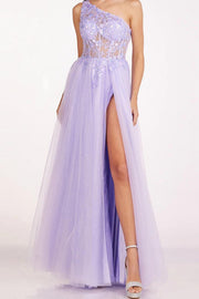 Lilac One Shoulder Sheer Empire Tulle A-Line Prom Party Dress