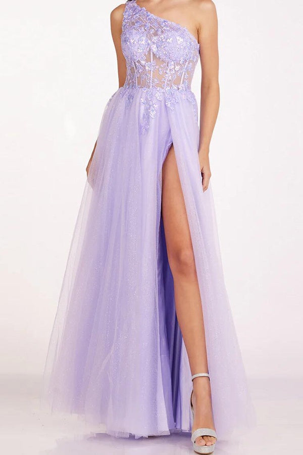 Lilac One Shoulder Sheer Empire Tulle A-Line Prom Party Dress