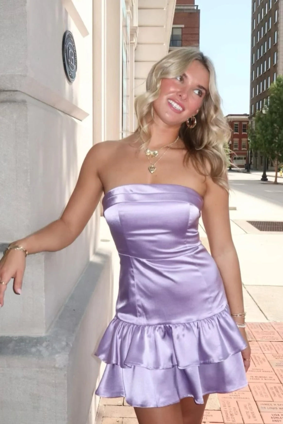 Lilac Satin A-Line Strapless Sleeveless Tiered Homecoming Dress Lilac / US 2