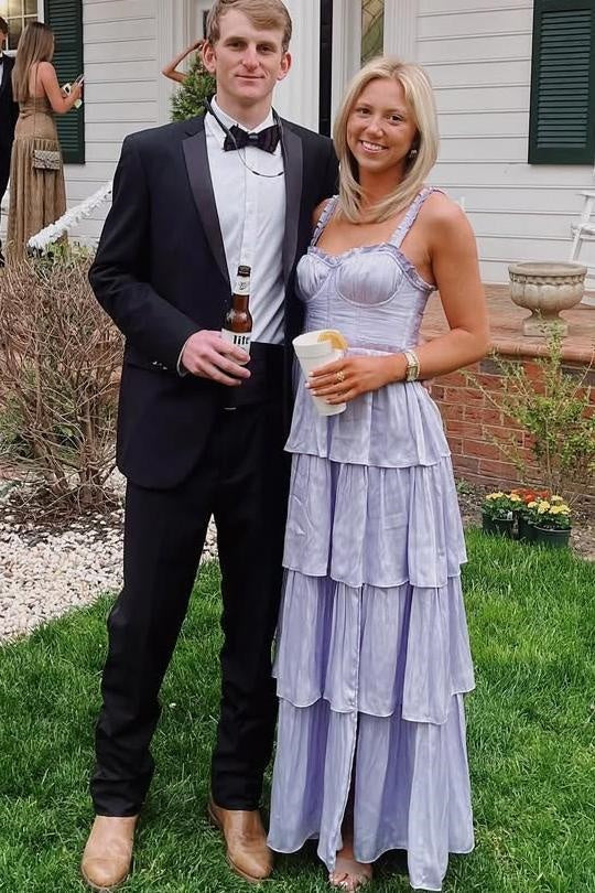 Lilac Satin A-Line Sweetheart Sleeveless Tiered Party Prom Dress