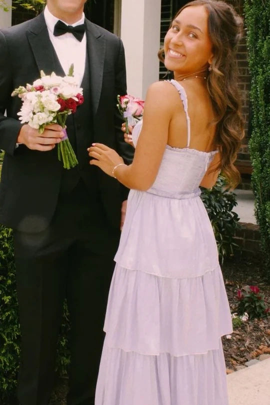 Lilac Satin A-Line Sweetheart Sleeveless Tiered Party Prom Dress