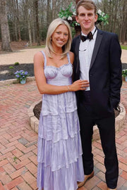 Lilac Satin A-Line Sweetheart Sleeveless Tiered Party Prom Dress