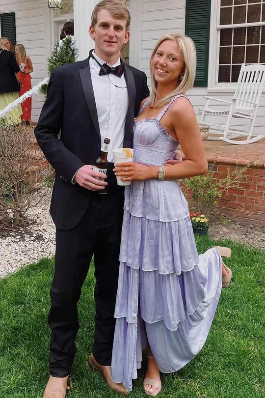 Lilac Satin A-Line Sweetheart Sleeveless Tiered Party Prom Dress