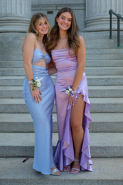 Lilac Satin Spaghetti Straps Ruffle Party Prom Dress