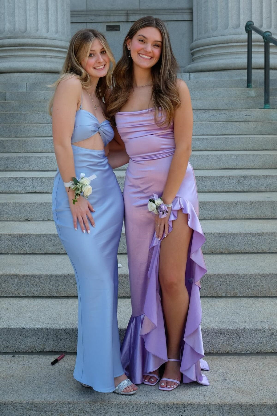 Lilac Satin Spaghetti Straps Ruffle Party Prom Dress