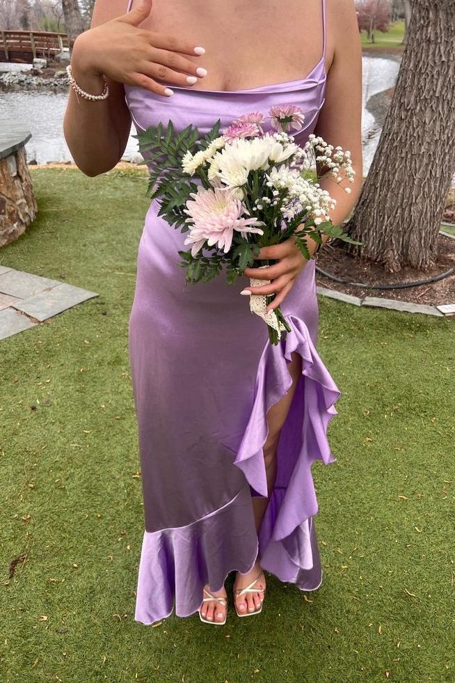 Lilac Satin Spaghetti Straps Ruffle Party Prom Dress
