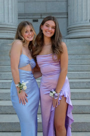 Lilac Satin Spaghetti Straps Ruffle Party Prom Dress