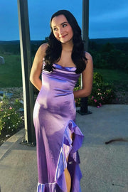 Lilac Satin Spaghetti Straps Ruffle Party Prom Dress