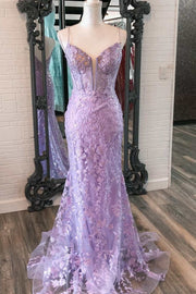 Lilac Spaghetti Straps Lace Mermaid Prom Dress