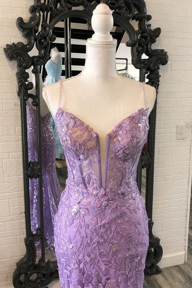 Lilac Spaghetti Straps Lace Mermaid Prom Dress