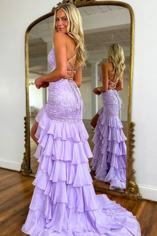 Lilac Sweetheart Sleeveless Lace Up Two Tone Tiered Party Prom Dress