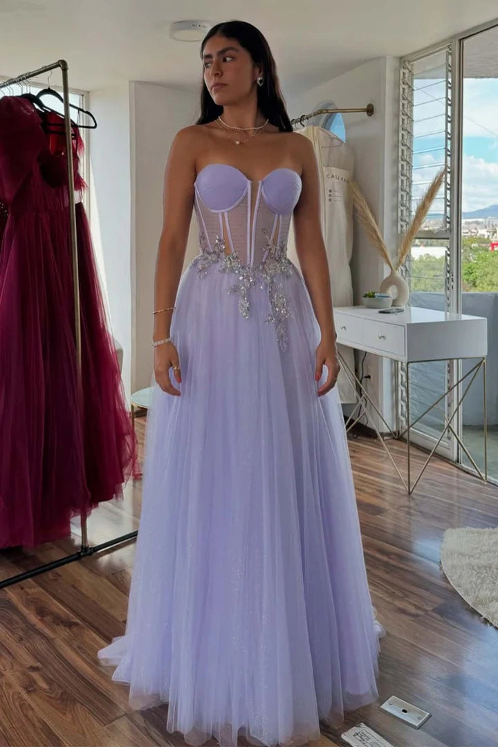 Lilac Sweetheart Sleeveless Tulle A-Line Party Prom Dress