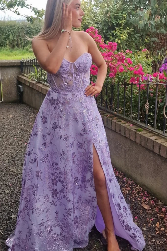Lilac Sweetheart Strapless A-Line Appliques Floral Party Prom Dress