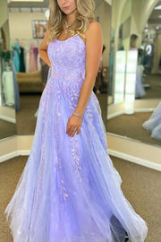 Lilac Tulle A-Line Bateau Sleeveless Appliques Prom Dress