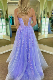 Lilac Tulle A-Line Bateau Sleeveless Appliques Prom Dress