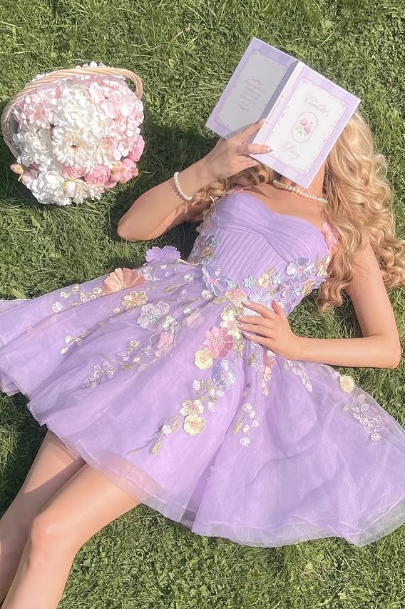 Lilac Tulle A-Line Florals Sweetheart Empire Homecoming Dress