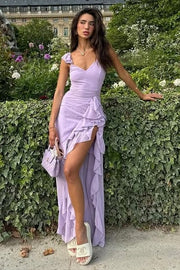 Lilac V-Neck Empire Ruffled Party Prom Dress With Slit