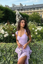 Lilac V-Neck Empire Ruffled Party Prom Dress With Slit