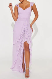 Lilac V-Neck Empire Ruffled Party Prom Dress With Slit