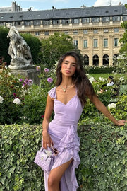 Lilac V-Neck Empire Ruffled Party Prom Dress With Slit