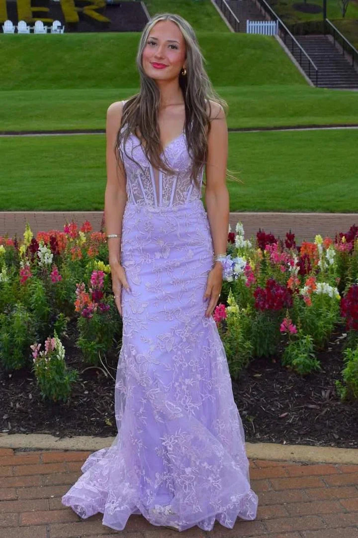 Lilac V-Neck Open Back Mermaid Lace Party Prom Dress