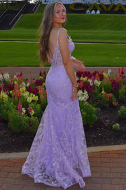 Lilac V-Neck Open Back Mermaid Lace Party Prom Dress