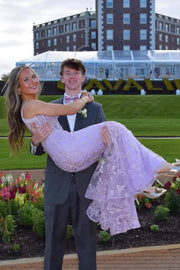 Lilac V-Neck Open Back Mermaid Lace Party Prom Dress