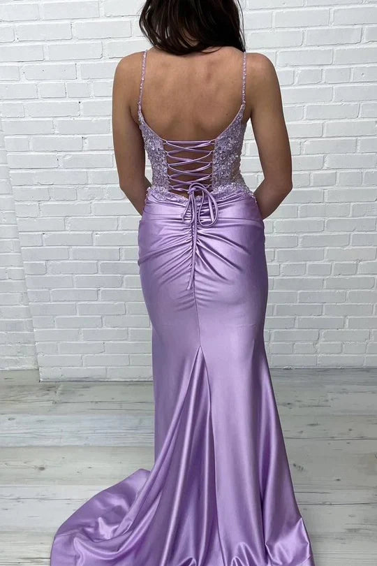 Lilac V-Neck Sleeveless Lace Up Appliques Party Prom Dress